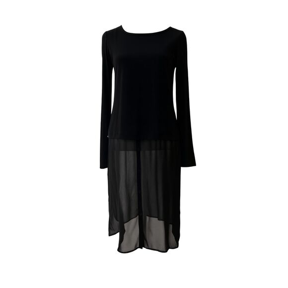 Eileen Fisher Black Longline 100% Silk Tunic Bateau Neck Sheer Chiffon Hem Sz S - Picture 1 of 7